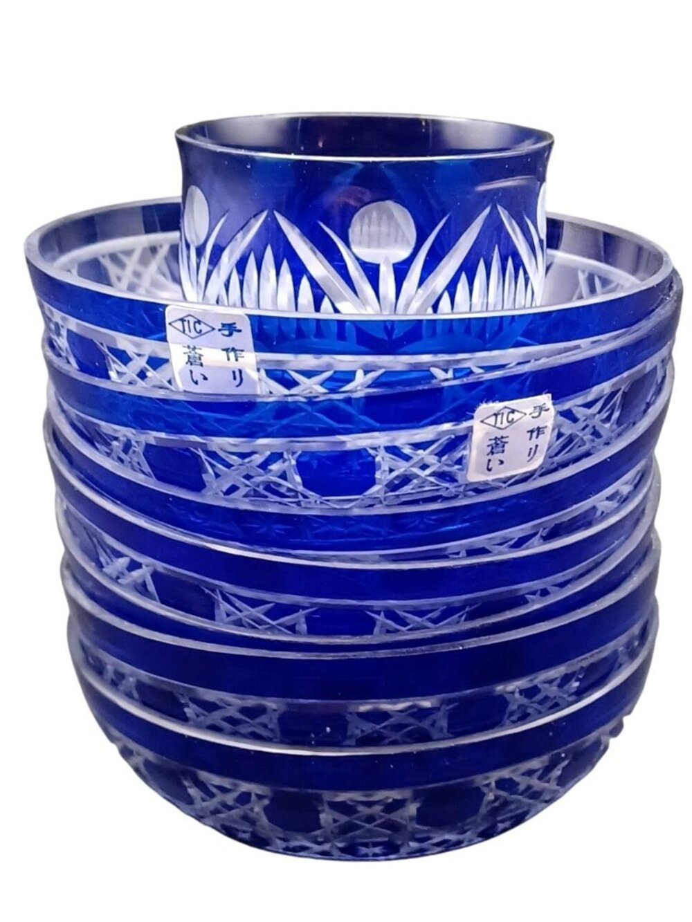 8 Edo Kiriko Japanese Cobalt Blue Cut To Clear Crystal Bowls 4"
